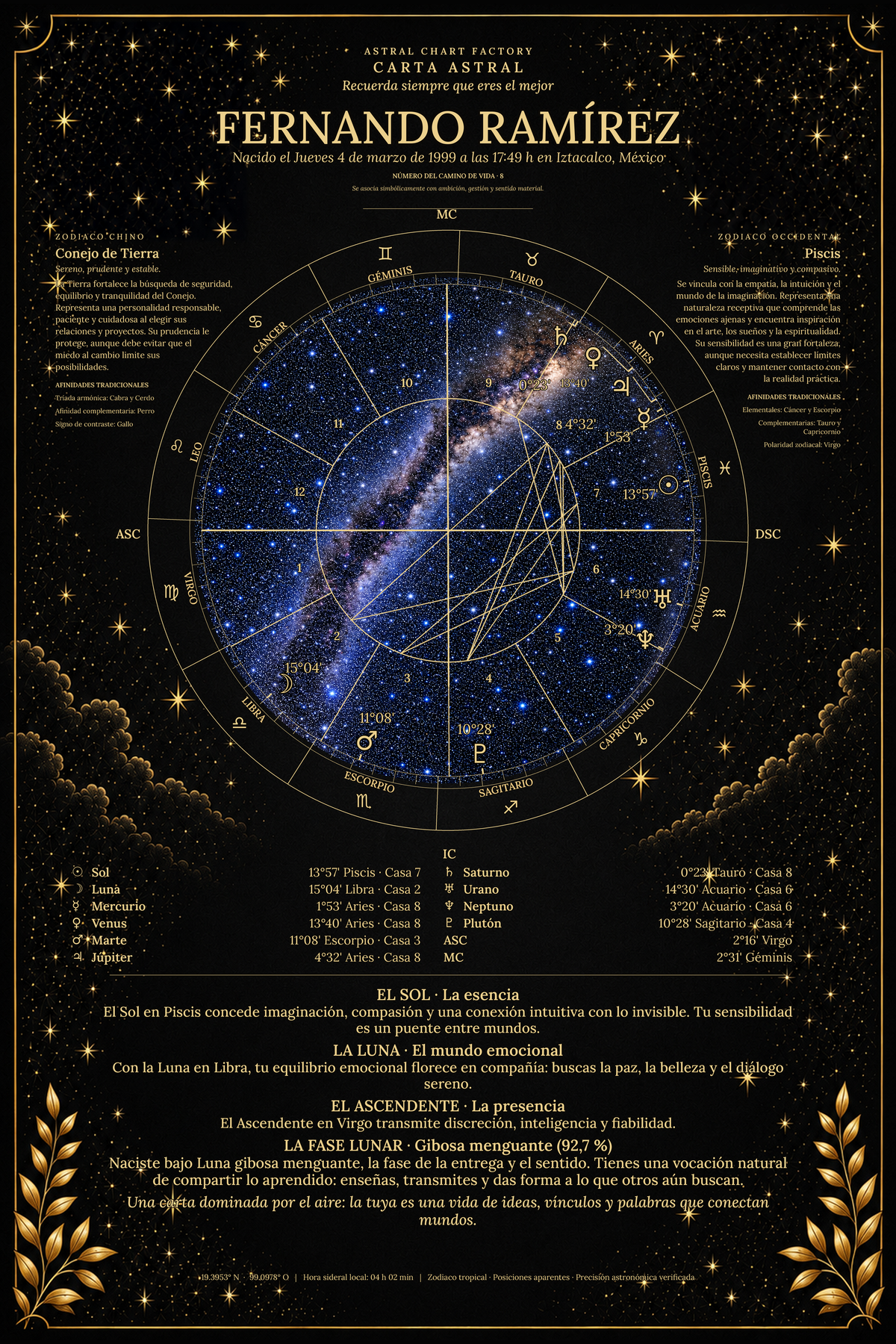 Muestra de carta astral Medianoche con el nombre Fernando Ramírez