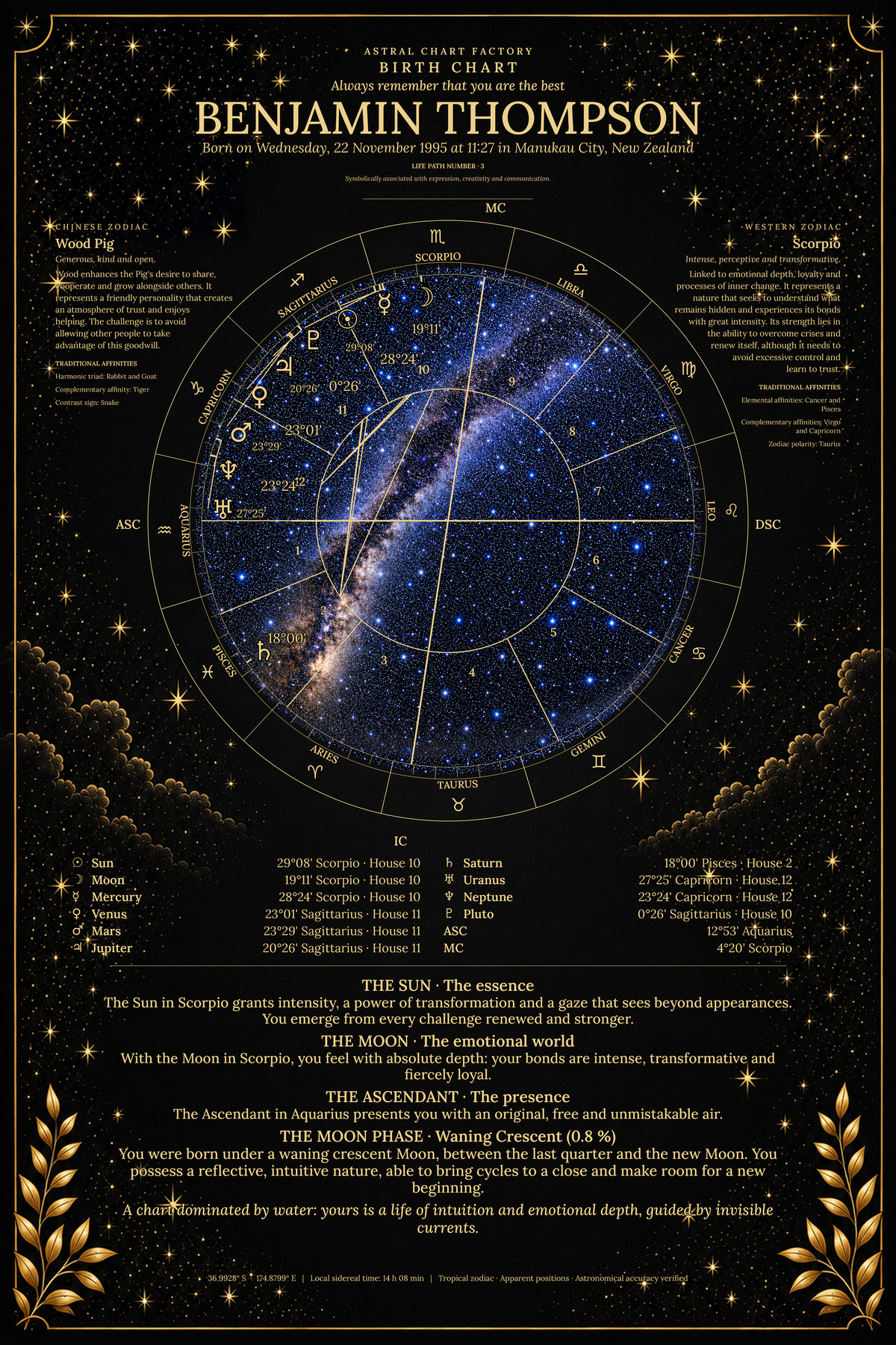 Personalized Midnight birth chart featuring Benjamin Thompson