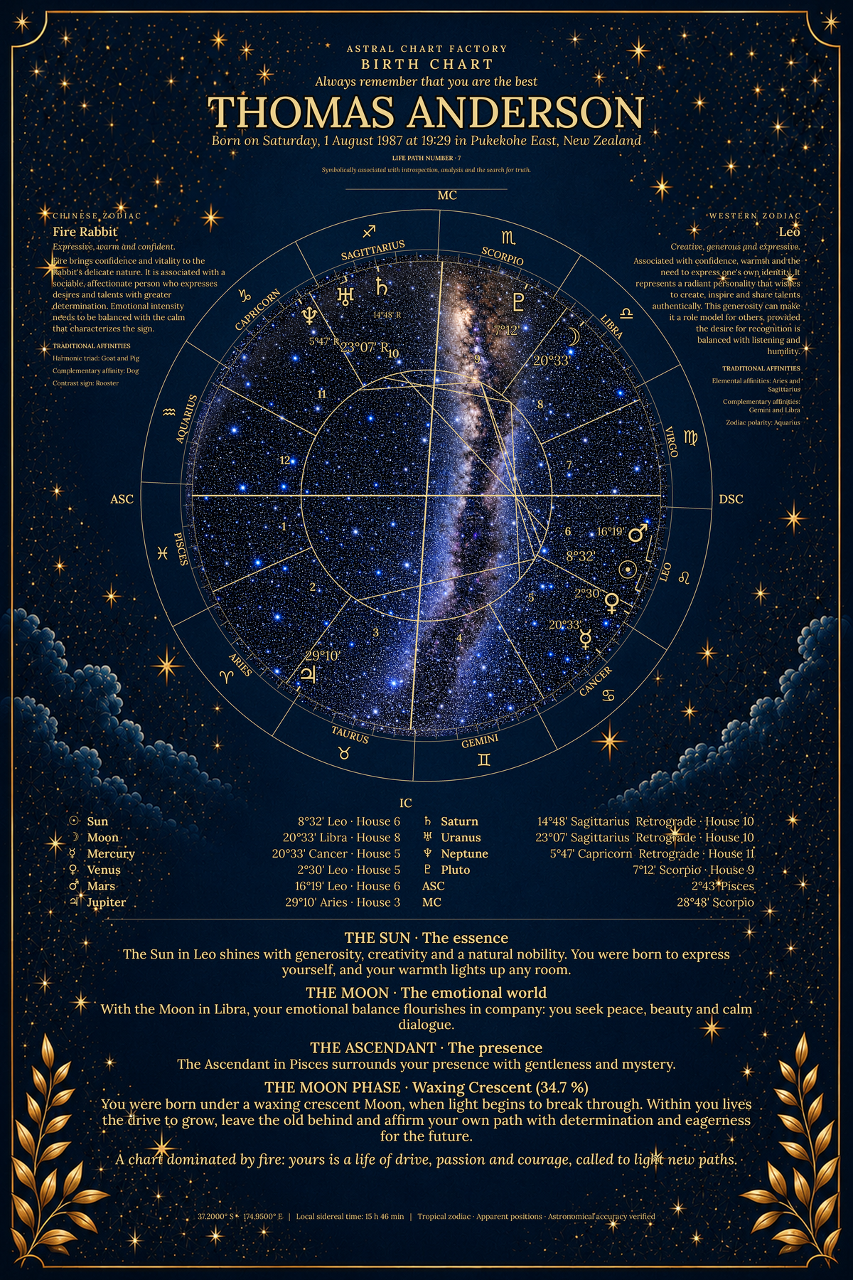 Personalized Midnight Blue birth chart featuring Thomas Anderson