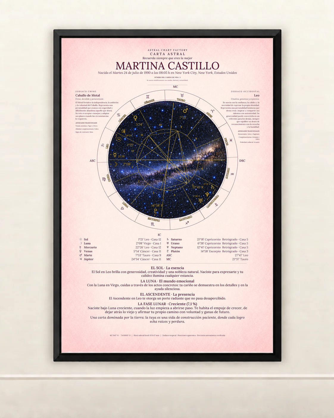 Carta astral personalizada Rosa Astral enmarcada en un interior elegante